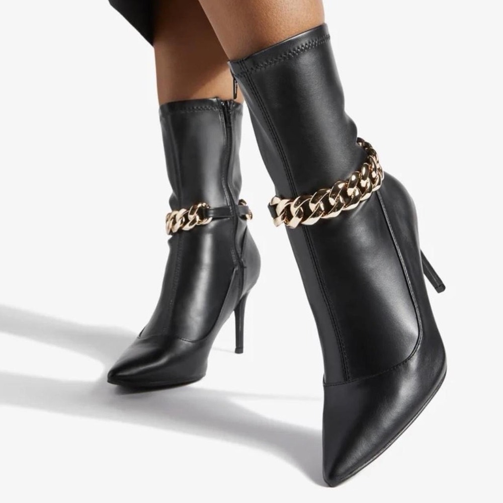 Black Pointed Toe Stiletto Ankle Boots Gold Chain Detail New in Box